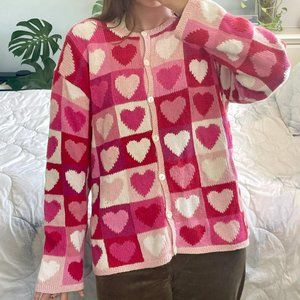 Vintage Handmade Hand-Knit Talbots Checkered Oversized Pink Heart Cardigan